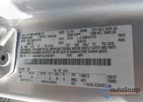 2015 Lincoln Mkc z USA, uszkodzony, nr VIN 5LMTJ2AH2FUJ30351